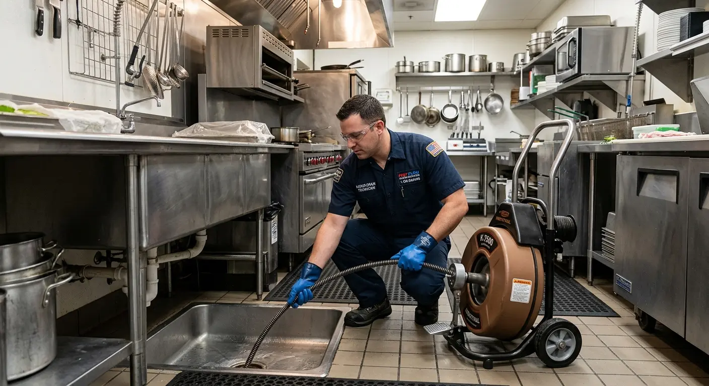 Commercial drain cleaning service in a restaurant kitchen in Crossville