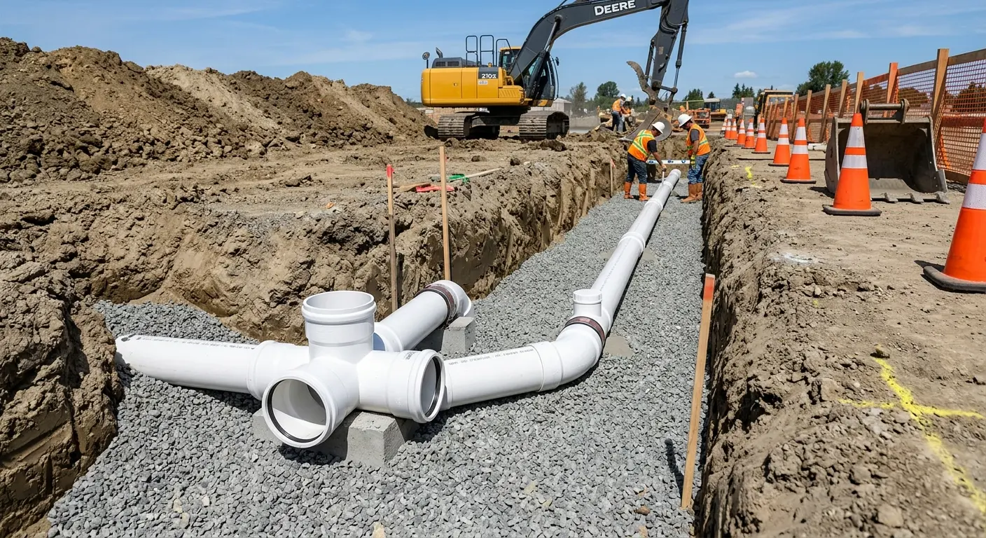 New PVC sewer pipe installation in open trench for Sewer Backup in Crossville