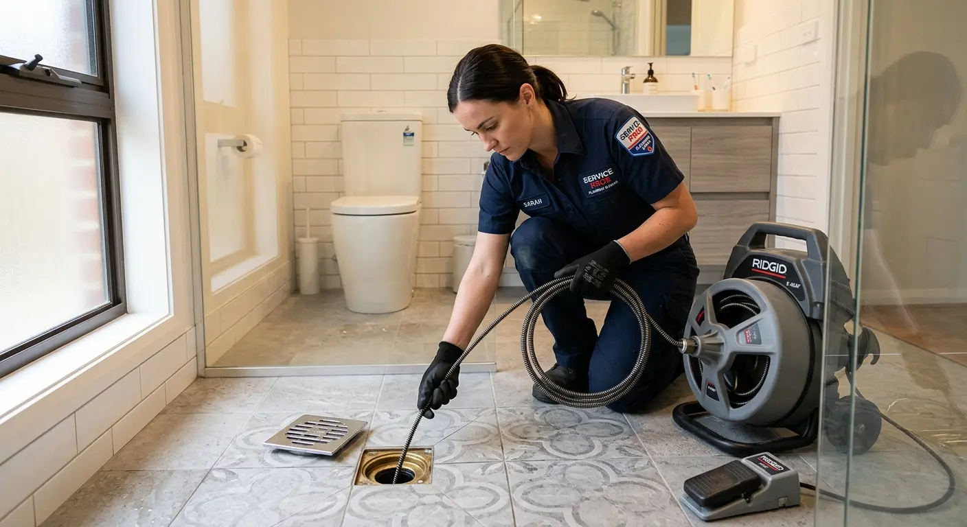 Technician clearing a bathroom floor drain for Drain Repair in Crossville